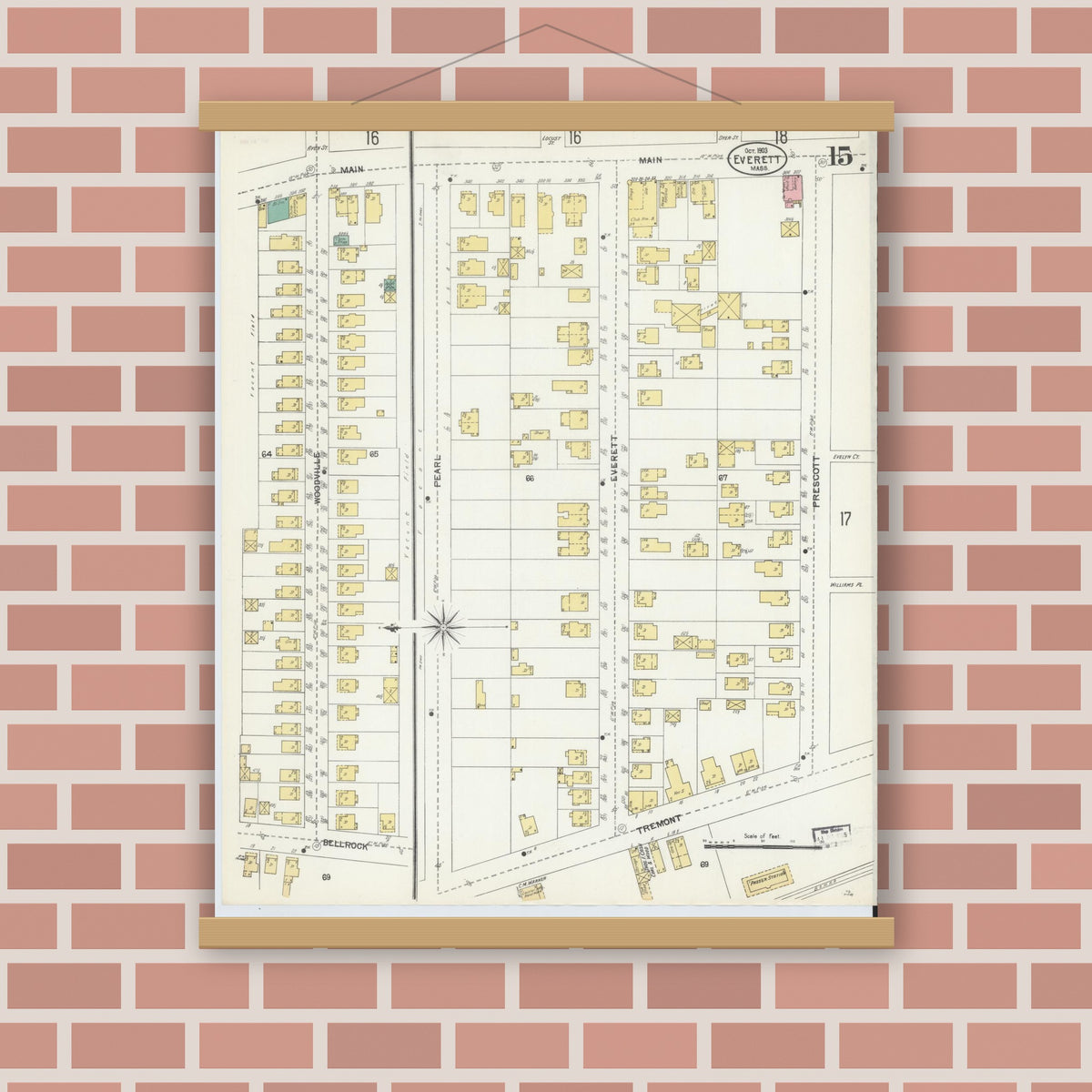 Old map wall art mockup — magnetic wood frame on brick wall — Sanborn Fire Insurance Map from Everett, Middlesex County, Massachusetts (1903), Sheet #0015