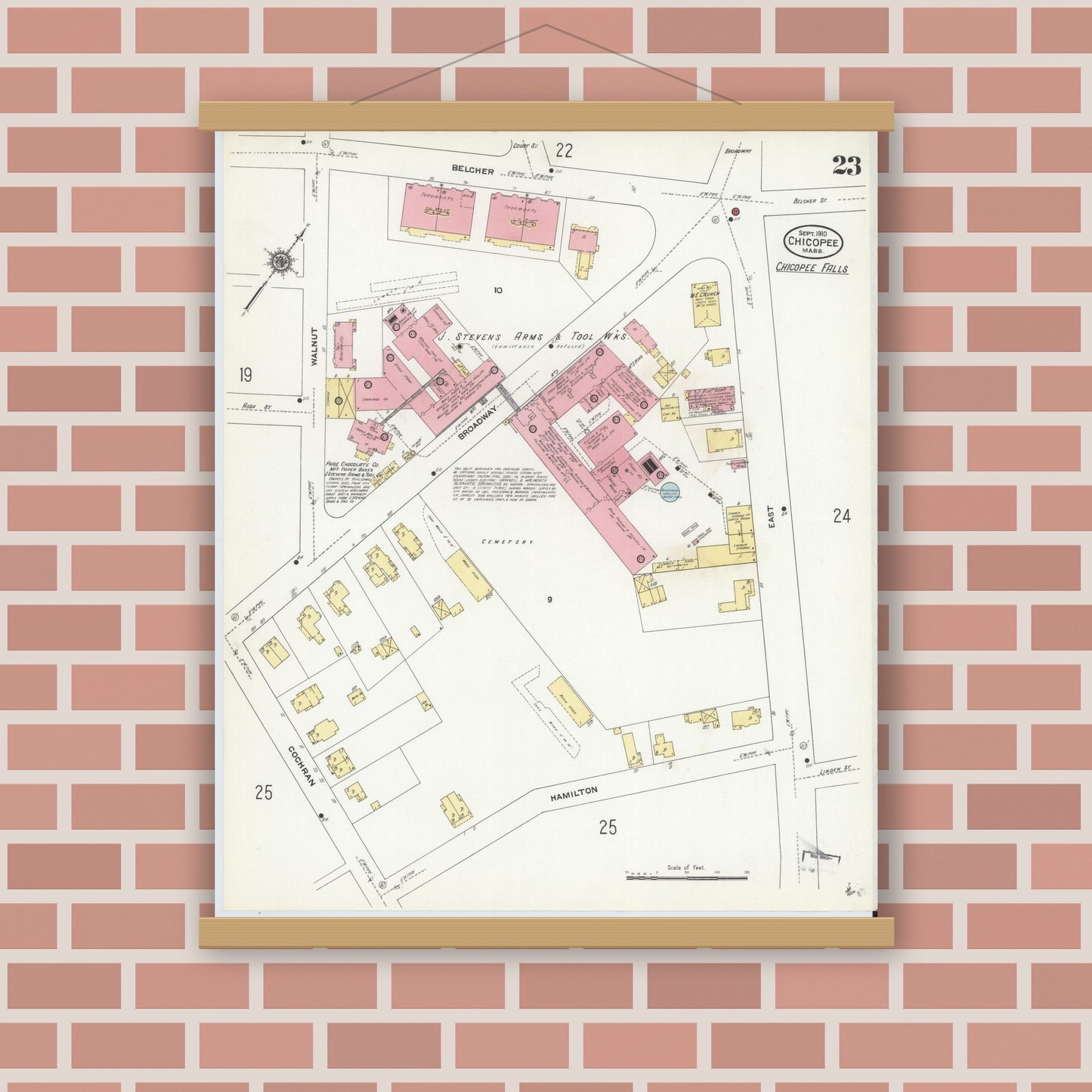 Old map wall art mockup — magnetic wood frame on brick wall — Sanborn Fire Insurance Map from Chicopee, Hampden County, Massachusetts (1910), Sheet #0023