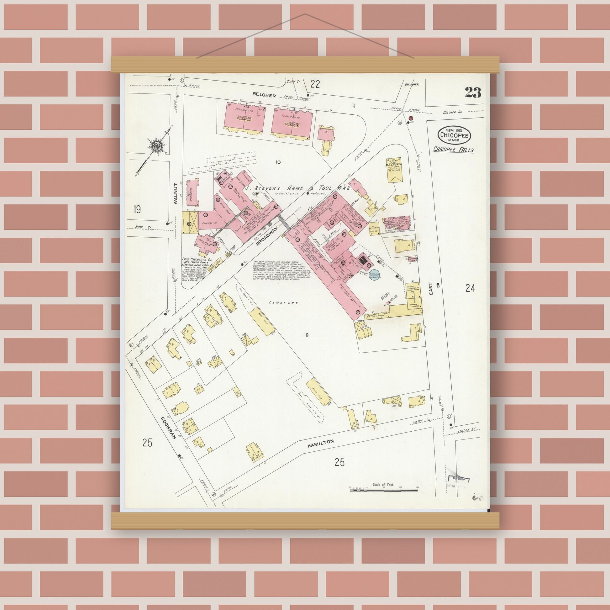Old map wall art mockup — magnetic wood frame on brick wall — Sanborn Fire Insurance Map from Chicopee, Hampden County, Massachusetts (1910), Sheet #0023