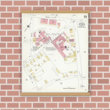 Old map wall art mockup — magnetic wood frame on brick wall — Sanborn Fire Insurance Map from Chicopee, Hampden County, Massachusetts (1910), Sheet #0023