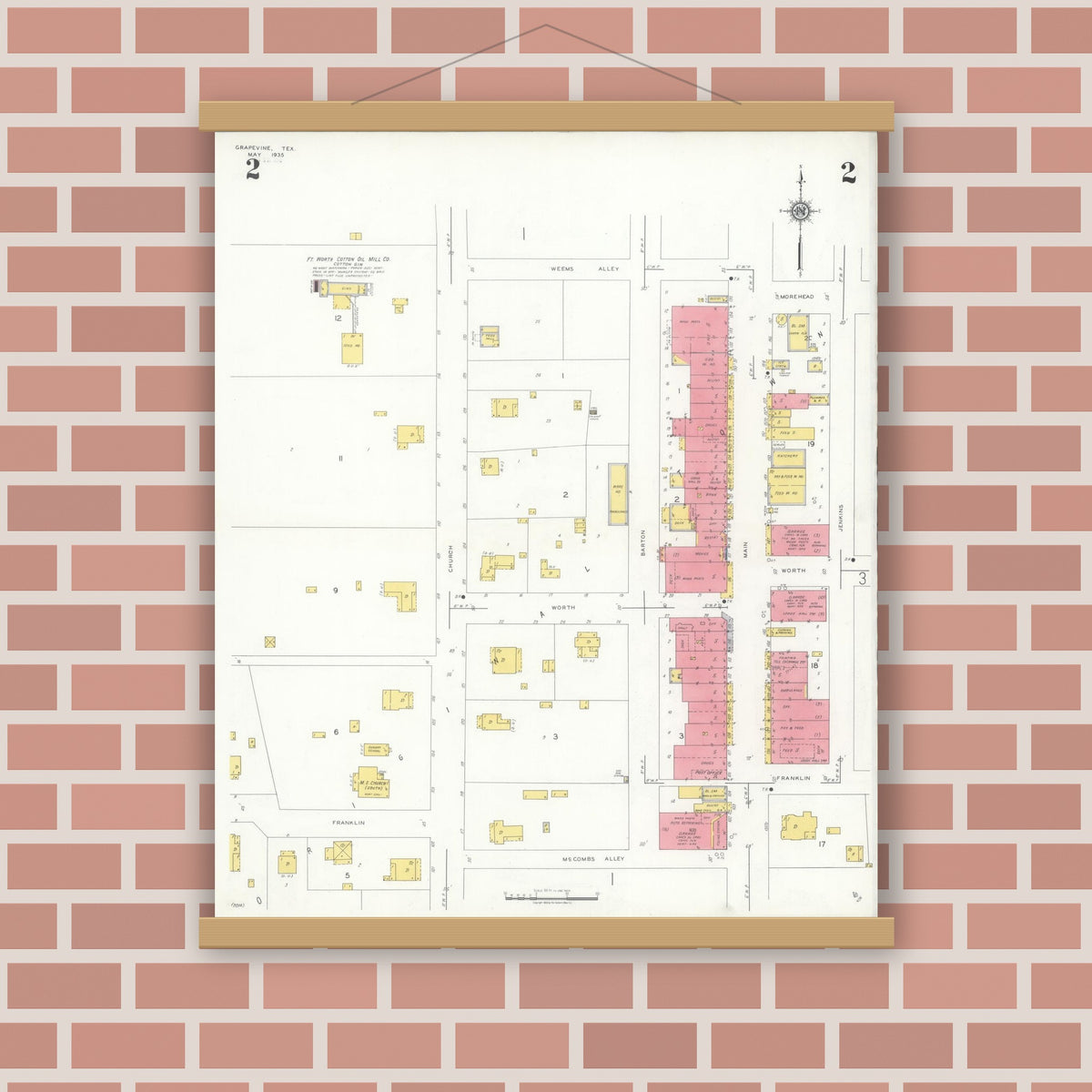 Old map wall art mockup — magnetic wood frame on brick wall — Sanborn Fire Insurance Map from Grapevine, Tarrant County, Texas (1935), Sheet #0002