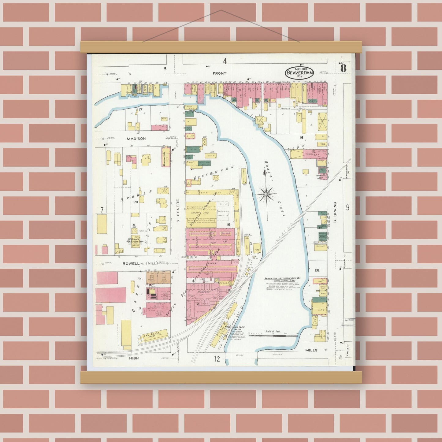 Old map wall art mockup — magnetic wood frame on brick wall — Sanborn Fire Insurance Map from Beaver Dam, Dodge County, Wisconsin (1909), Sheet #0008