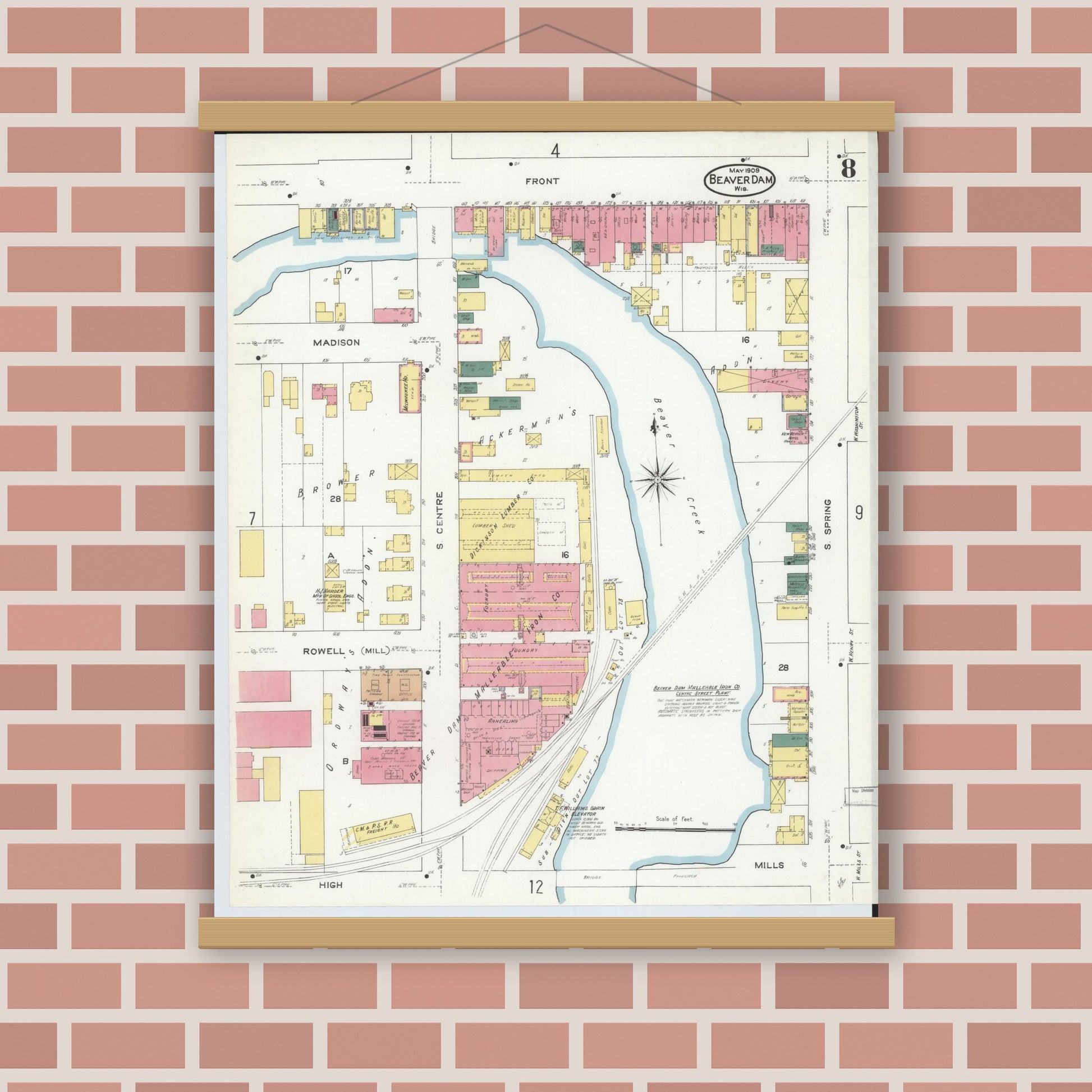 Old map wall art mockup — magnetic wood frame on brick wall — Sanborn Fire Insurance Map from Beaver Dam, Dodge County, Wisconsin (1909), Sheet #0008