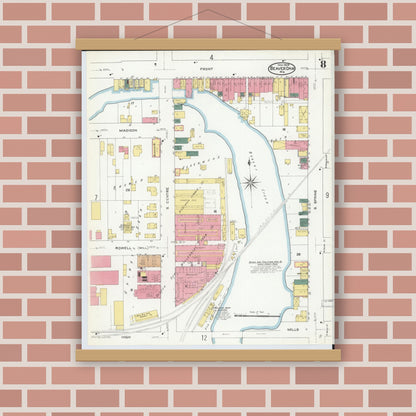 Old map wall art mockup — magnetic wood frame on brick wall — Sanborn Fire Insurance Map from Beaver Dam, Dodge County, Wisconsin (1909), Sheet #0008