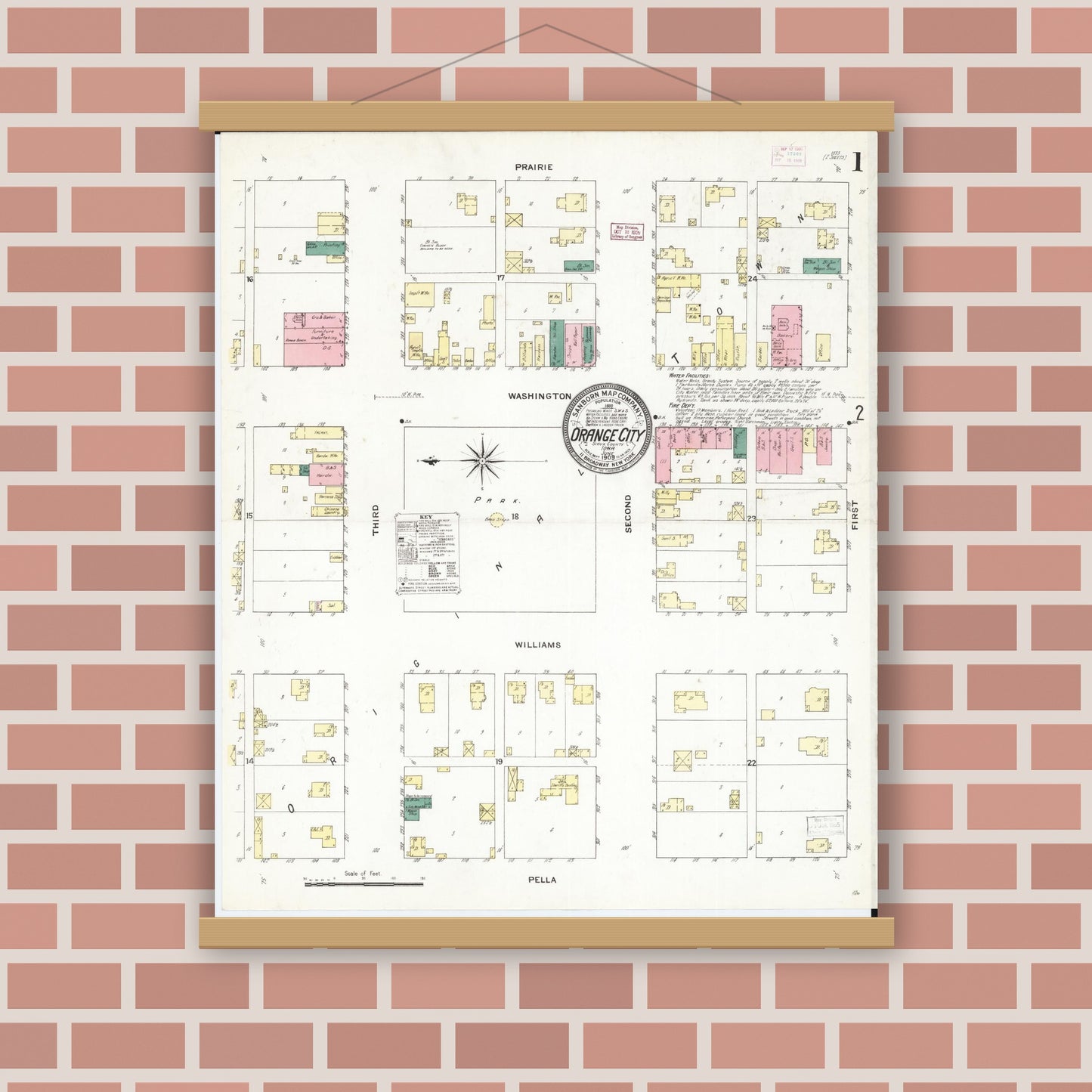 Old map wall art mockup — magnetic wood frame on brick wall — Sanborn Fire Insurance Map from Orange City, Sioux County, Iowa (1909), Sheet #0001
