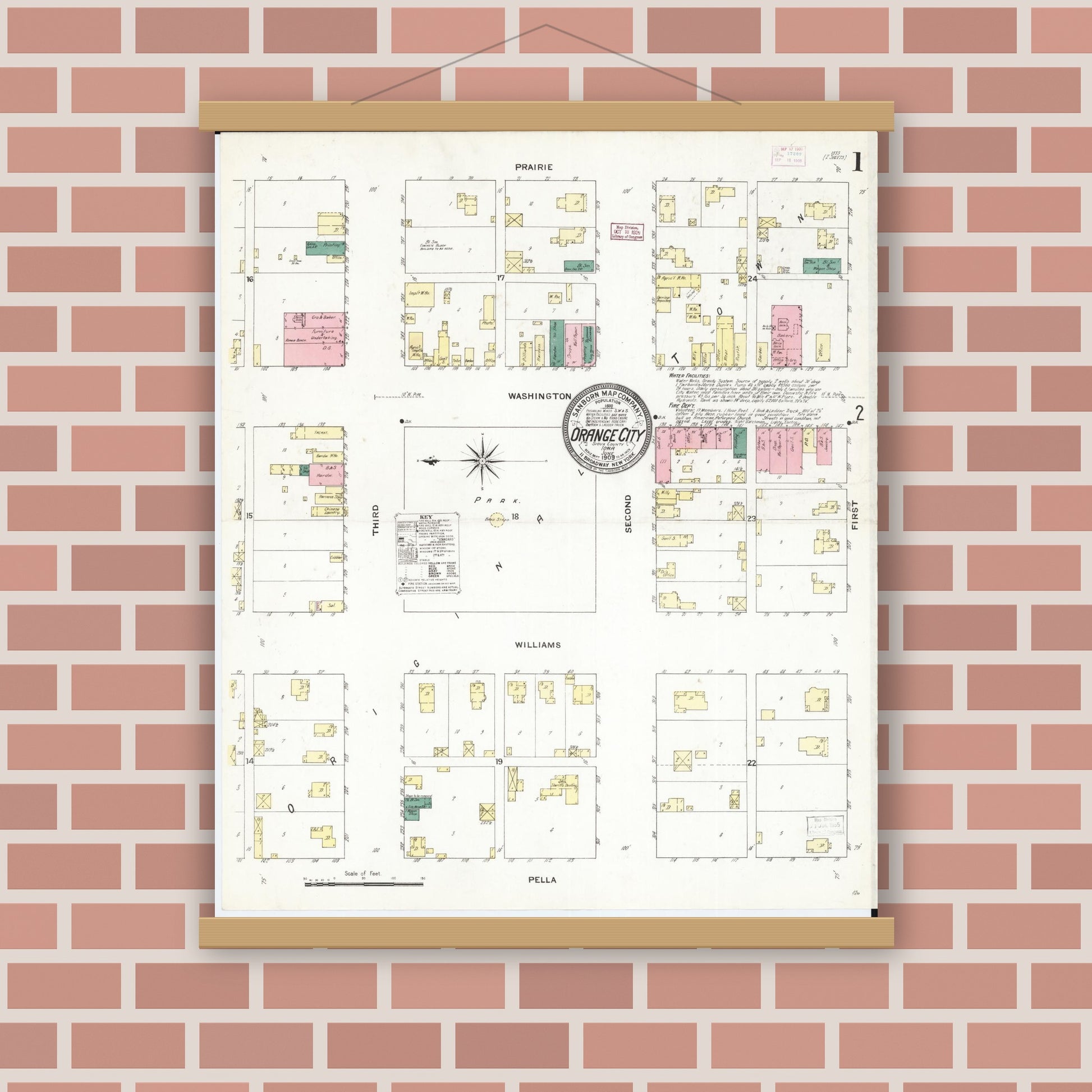 Old map wall art mockup — magnetic wood frame on brick wall — Sanborn Fire Insurance Map from Orange City, Sioux County, Iowa (1909), Sheet #0001