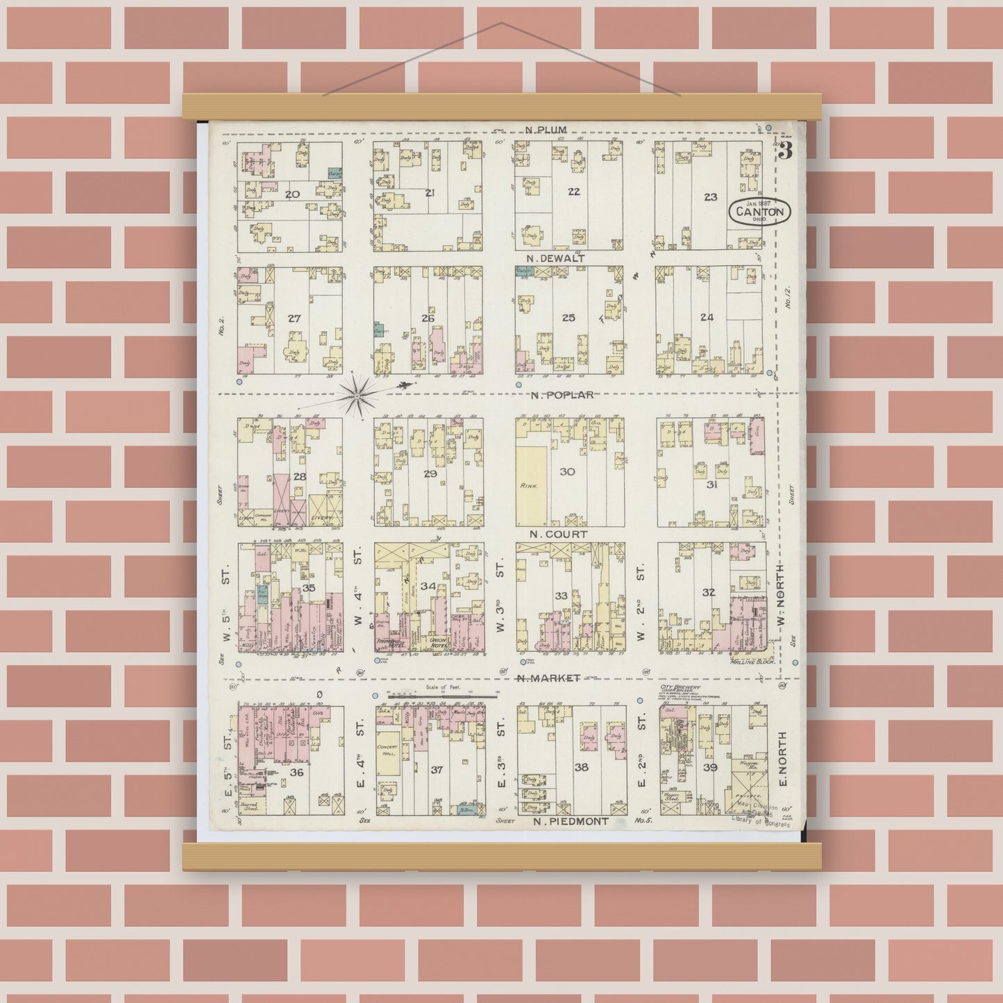 Old map wall art mockup — magnetic wood frame on brick wall — Sanborn Fire Insurance Map from Canton, Stark County, Ohio (1887), Sheet #0003