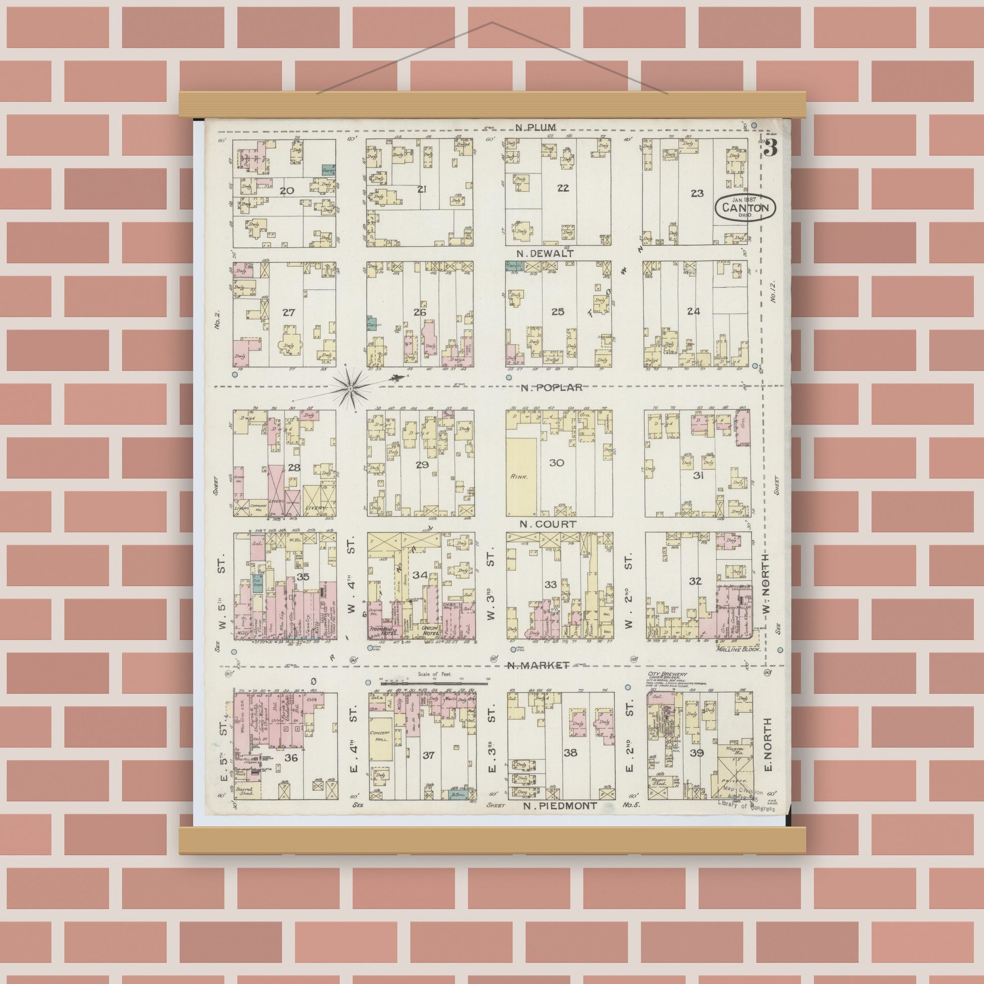 Old map wall art mockup — magnetic wood frame on brick wall — Sanborn Fire Insurance Map from Canton, Stark County, Ohio (1887), Sheet #0003