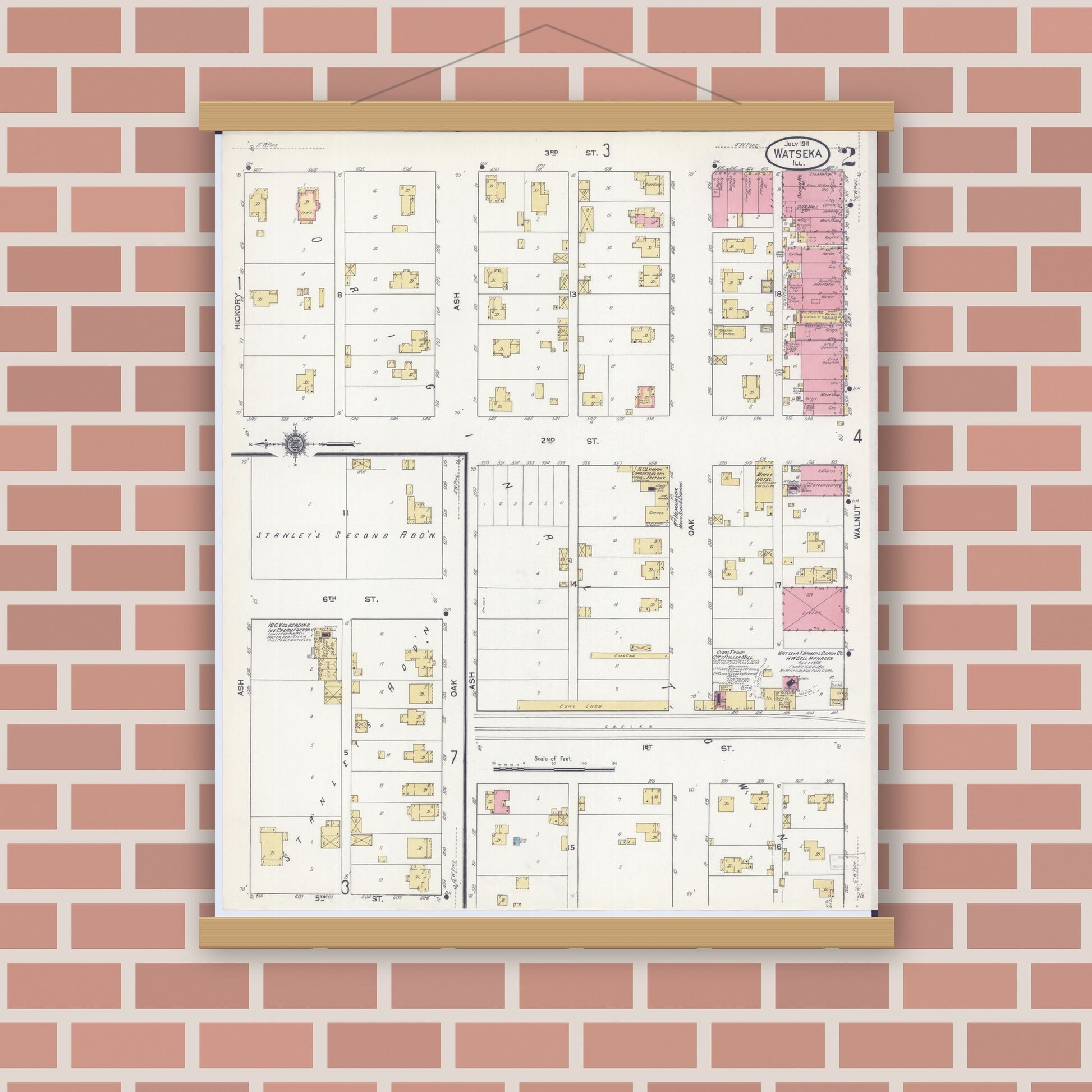 Old map wall art mockup — magnetic wood frame on brick wall — Sanborn Fire Insurance Map from Watseka, Iroquois County, Illinois (1911), Sheet #0002