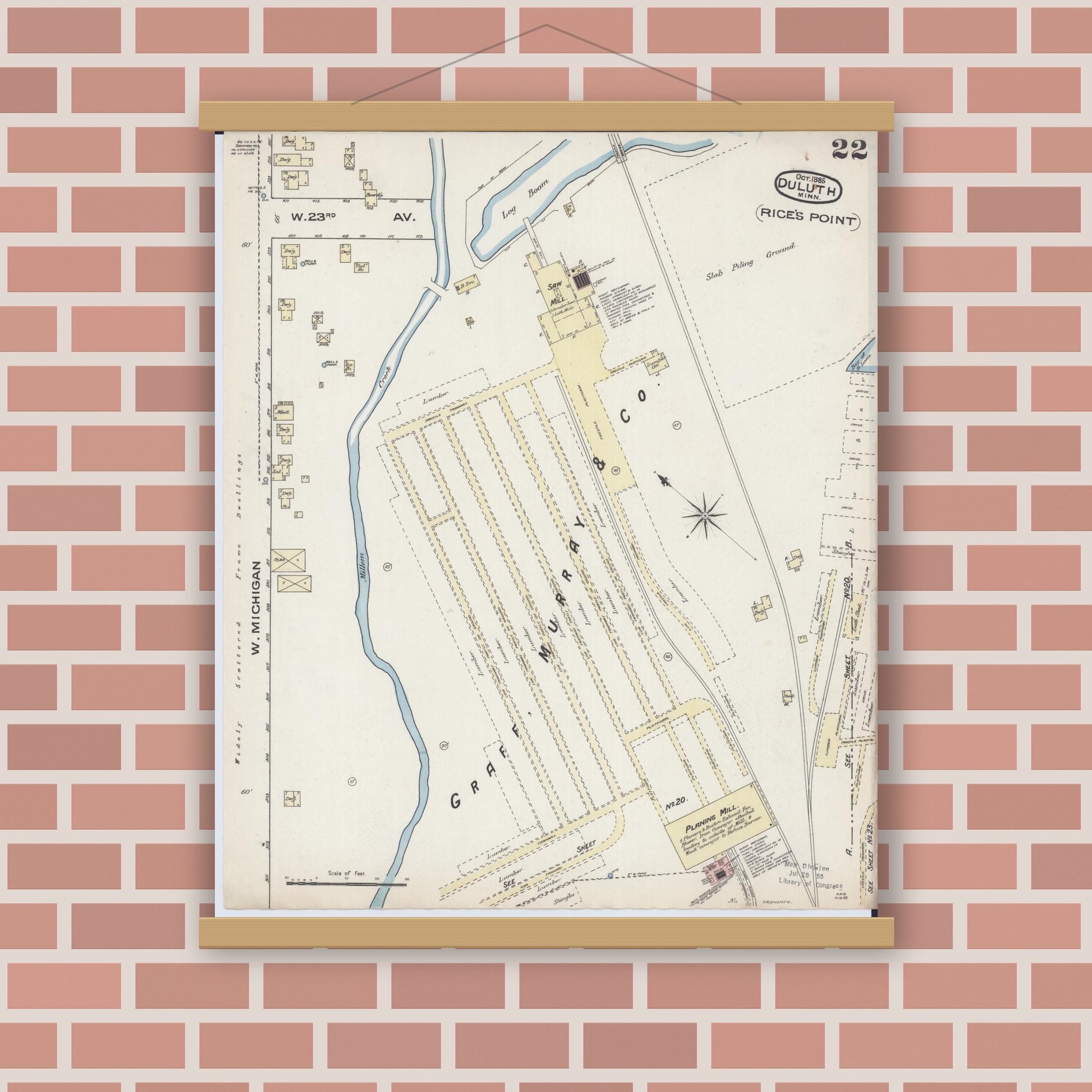 Old map wall art mockup — magnetic wood frame on brick wall — Sanborn Fire Insurance Map from Duluth, Saint Louis County, Minnesota (1885), Sheet #0022