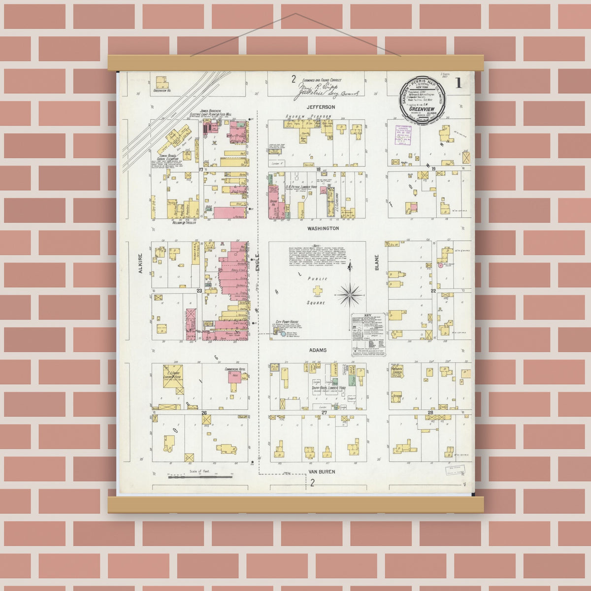 Old map wall art mockup — magnetic wood frame on brick wall — Sanborn Fire Insurance Map from Greenview, Menard County, Illinois (1901) - Complete Map Set