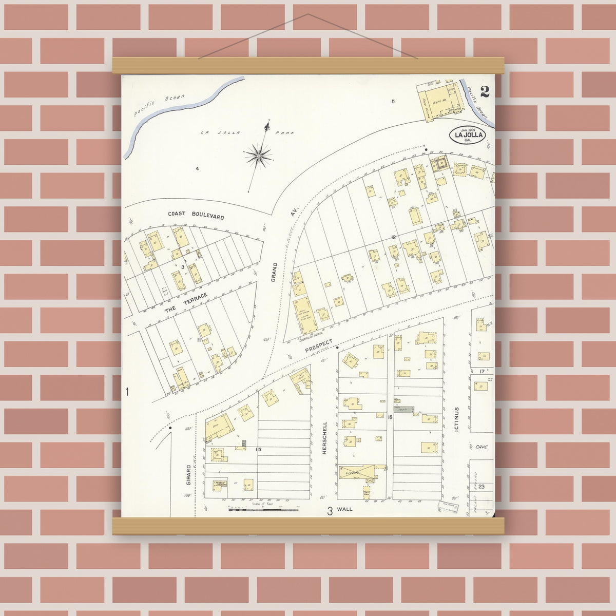 Old map wall art mockup — magnetic wood frame on brick wall — Sanborn Fire Insurance Map from La Jolla, San Diego County, California (1909), Sheet #0002