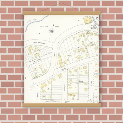 Old map wall art mockup — magnetic wood frame on brick wall — Sanborn Fire Insurance Map from La Jolla, San Diego County, California (1909), Sheet #0002