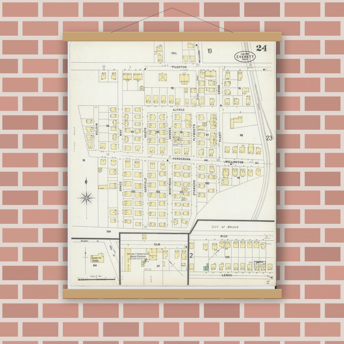 Old map wall art mockup — magnetic wood frame on brick wall — Sanborn Fire Insurance Map from Everett, Middlesex County, Massachusetts (1897), Sheet #0024