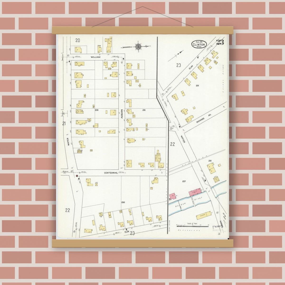 Old map wall art mockup — magnetic wood frame on brick wall — Sanborn Fire Insurance Map from Clinton, Worcester County, Massachusetts (1911), Sheet #0023