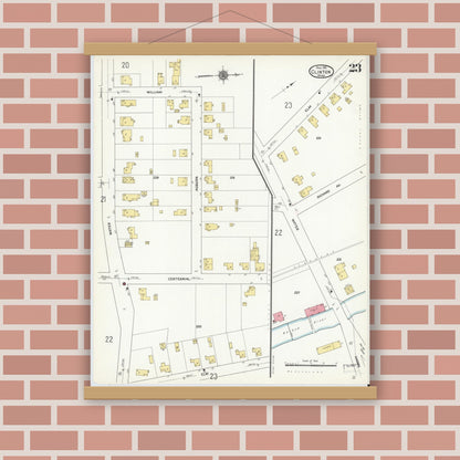 Old map wall art mockup — magnetic wood frame on brick wall — Sanborn Fire Insurance Map from Clinton, Worcester County, Massachusetts (1911), Sheet #0023