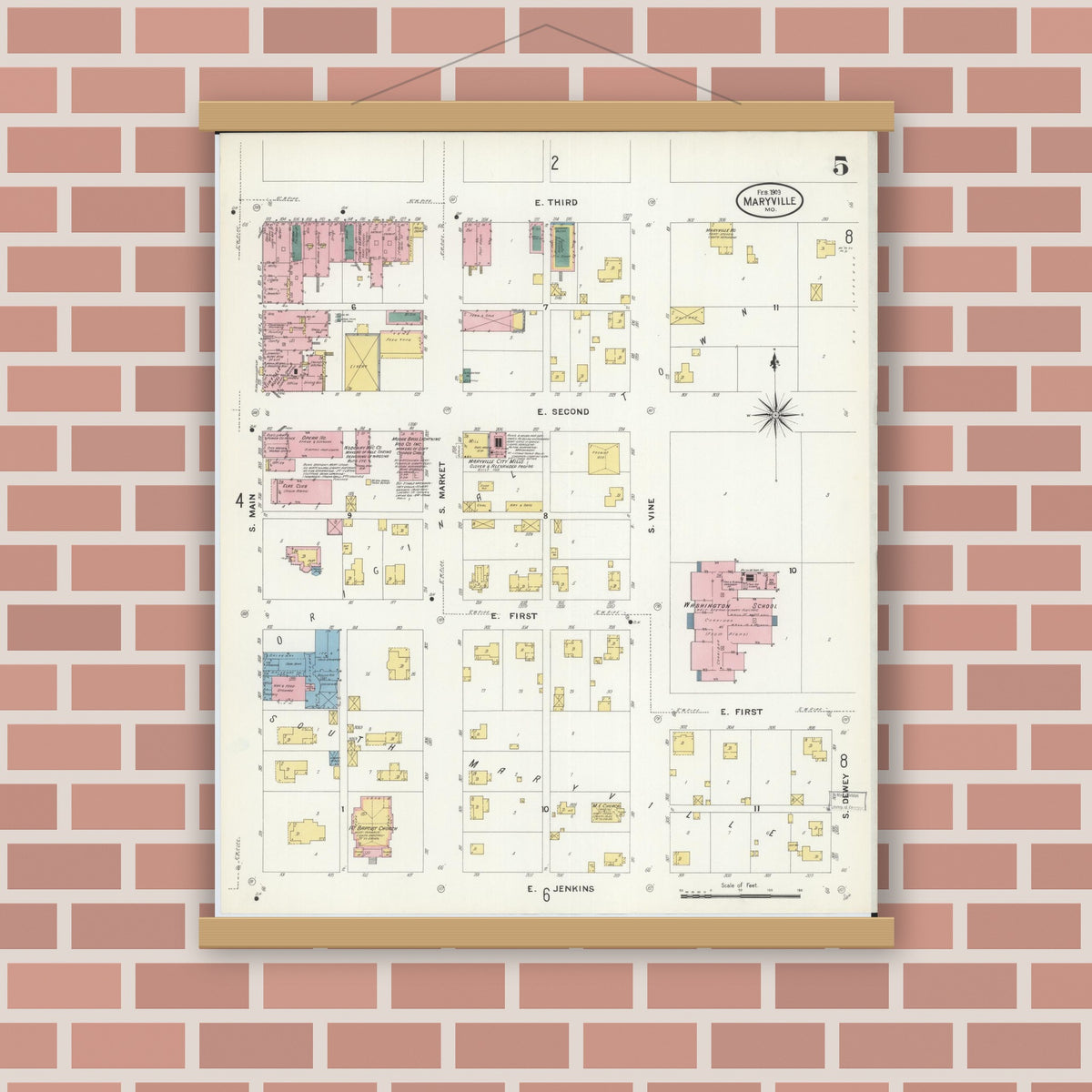 Old map wall art mockup — magnetic wood frame on brick wall — Sanborn Fire Insurance Map from Maryville, Nodaway County, Missouri (1909), Sheet #0005