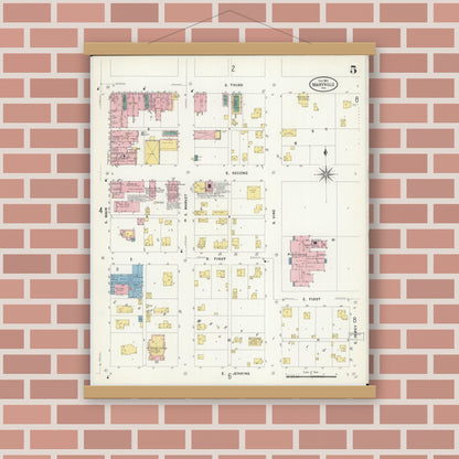 Old map wall art mockup — magnetic wood frame on brick wall — Sanborn Fire Insurance Map from Maryville, Nodaway County, Missouri (1909), Sheet #0005