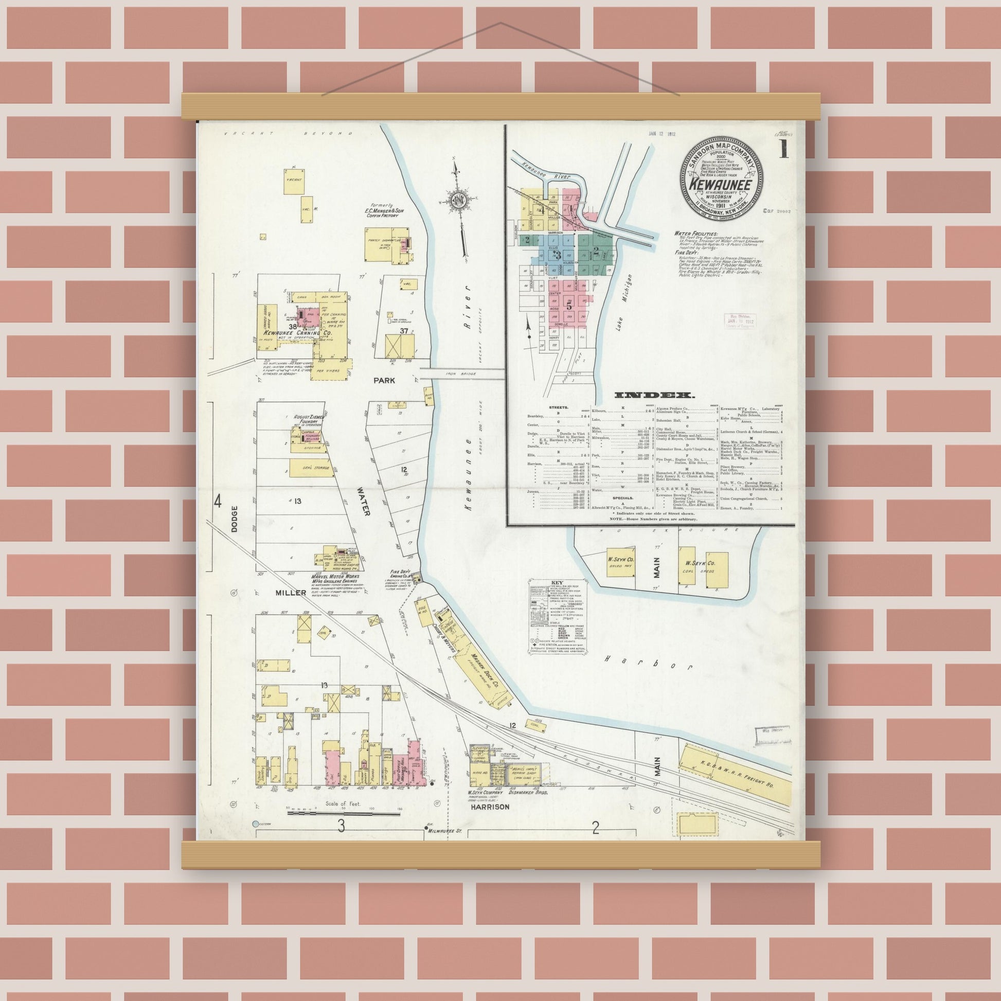 Old map wall art mockup — magnetic wood frame on brick wall — Sanborn Fire Insurance Map from Kewaunee, Kewaunee County, Wisconsin (1911) - Complete Map Set