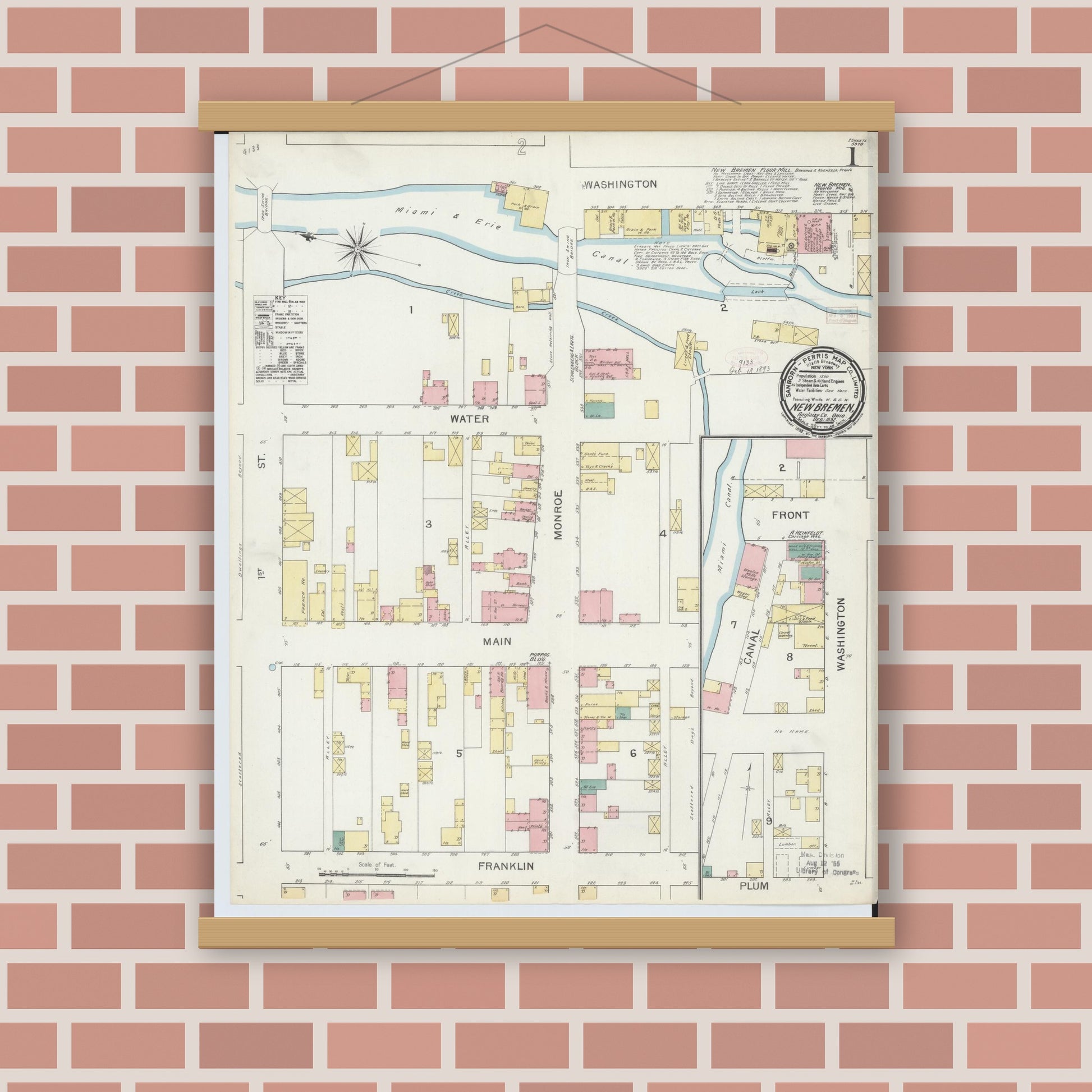 Old map wall art mockup — magnetic wood frame on brick wall — Sanborn Fire Insurance Map from New Bremen, Auglaize County, Ohio (1892), Sheet #0001