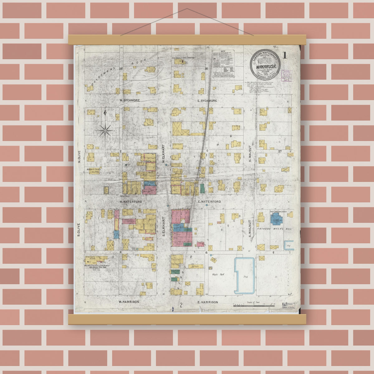 Old map wall art mockup — magnetic wood frame on brick wall — Sanborn Fire Insurance Map from Wakarusa, Elkhart County, Indiana (1905), Sheet #0001