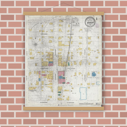 Old map wall art mockup — magnetic wood frame on brick wall — Sanborn Fire Insurance Map from Wakarusa, Elkhart County, Indiana (1905), Sheet #0001