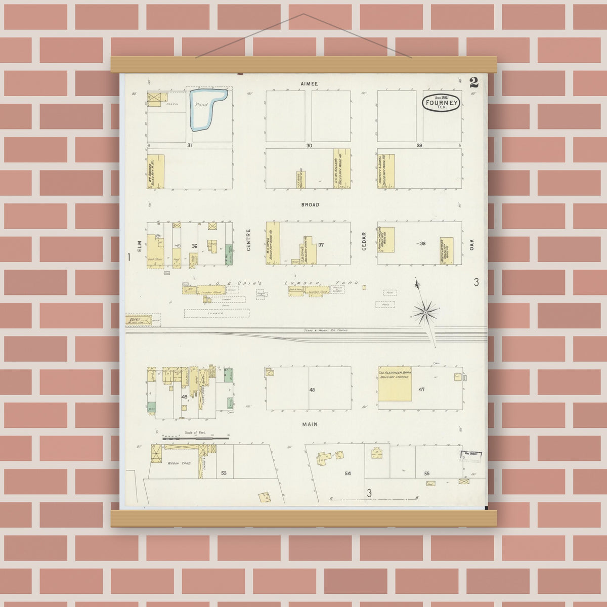 Old map wall art mockup — magnetic wood frame on brick wall — Sanborn Fire Insurance Map from Forney, Kaufman County, Texas (1896), Sheet #0002