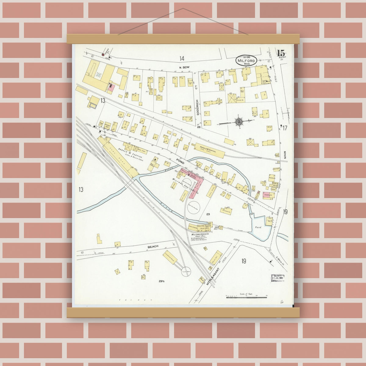 Old map wall art mockup — magnetic wood frame on brick wall — Sanborn Fire Insurance Map from Milford, Worcester County, Massachusetts (1910), Sheet #0015