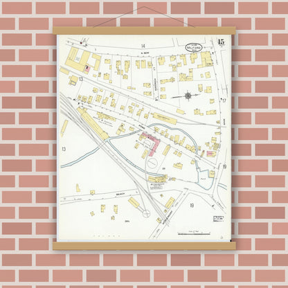 Old map wall art mockup — magnetic wood frame on brick wall — Sanborn Fire Insurance Map from Milford, Worcester County, Massachusetts (1910), Sheet #0015