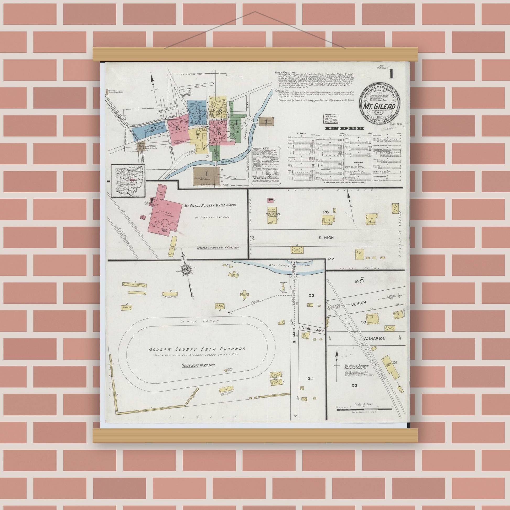 Old map wall art mockup — magnetic wood frame on brick wall — Sanborn Fire Insurance Map from Mount Gilead, Morrow County, Ohio (1919) - Complete Map Set