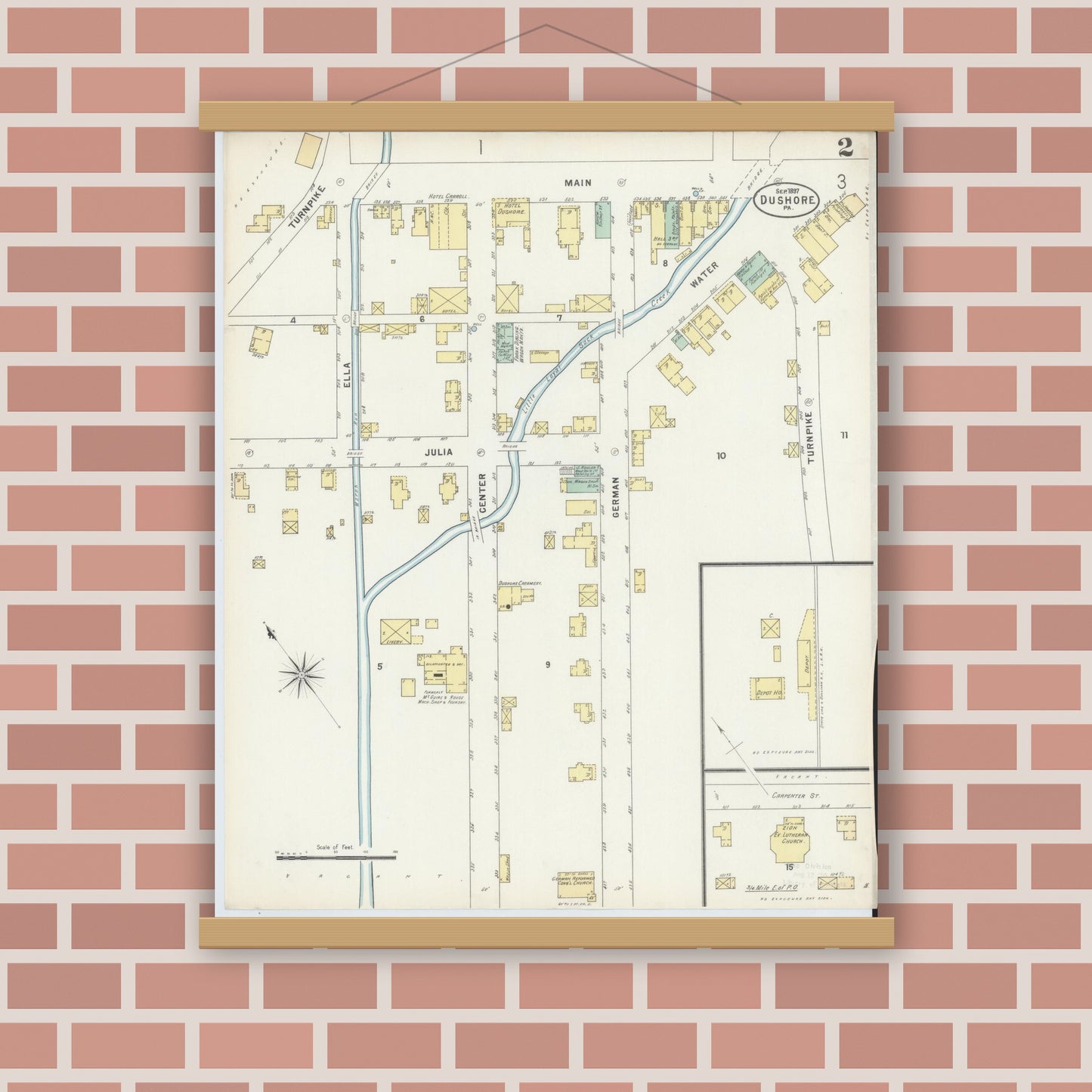 Old map wall art mockup — magnetic wood frame on brick wall — Sanborn Fire Insurance Map from Dushore, Sullivan County, Pennsylvania (1897), Sheet #0002