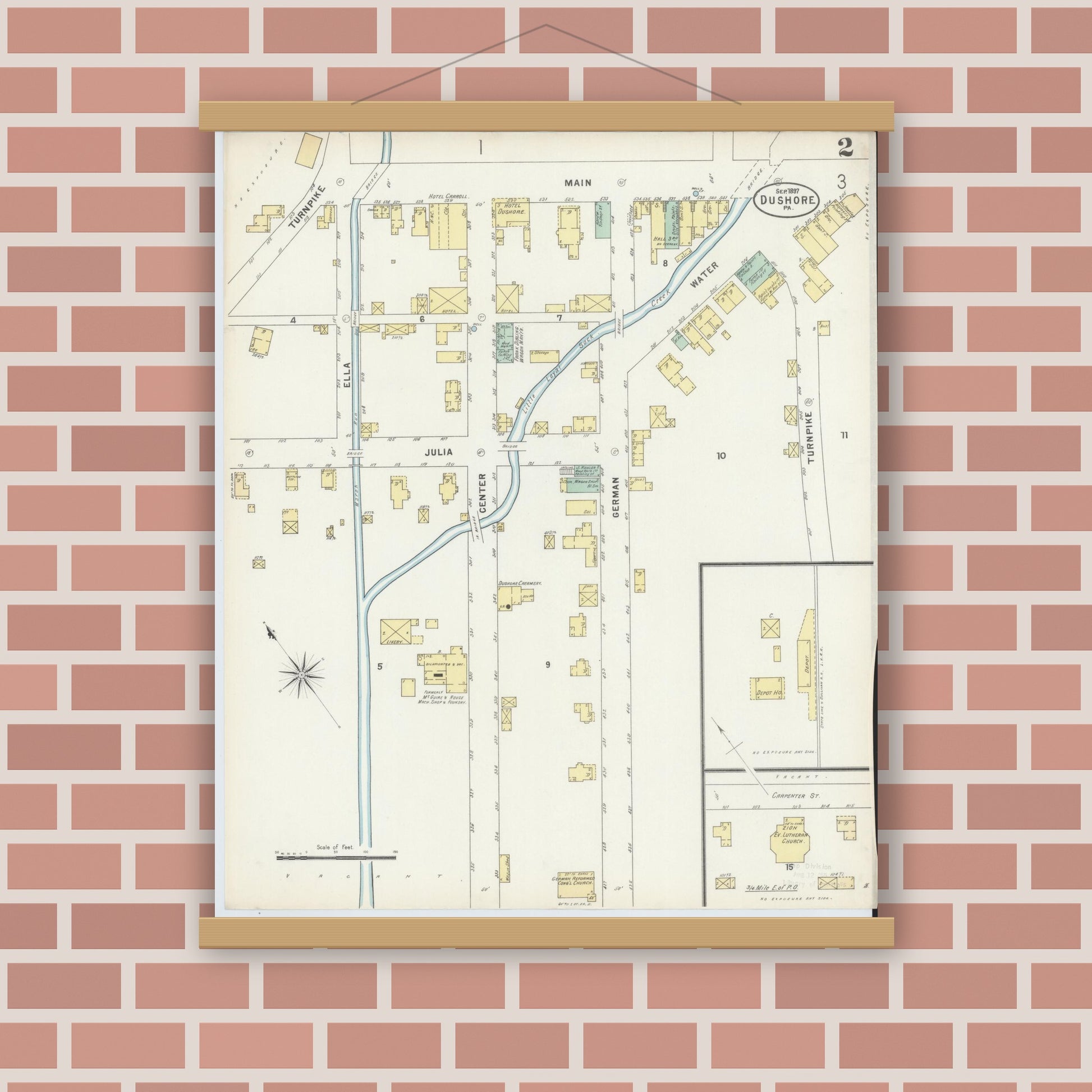 Old map wall art mockup — magnetic wood frame on brick wall — Sanborn Fire Insurance Map from Dushore, Sullivan County, Pennsylvania (1897), Sheet #0002