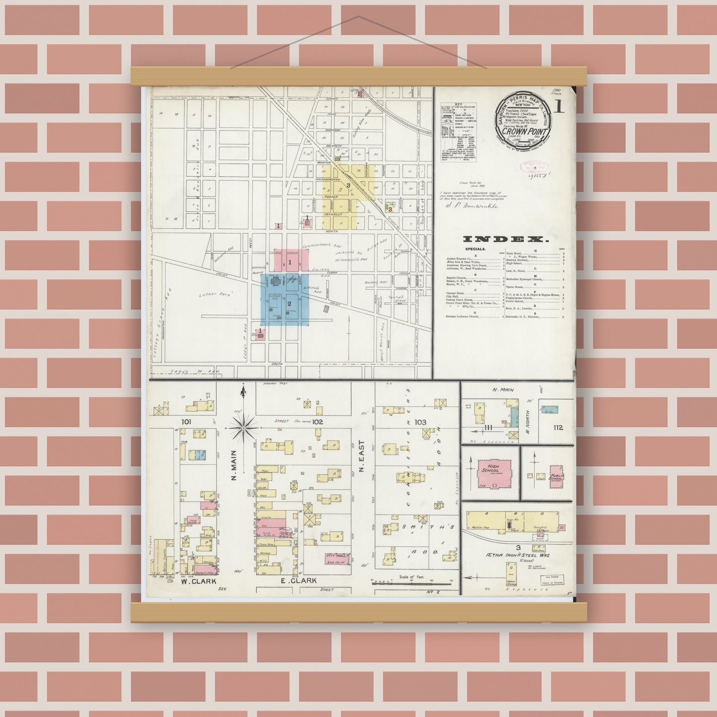 Old map wall art mockup — magnetic wood frame on brick wall — Sanborn Fire Insurance Map from Crown Point, Lake County, Indiana (1892) - Complete Map Set