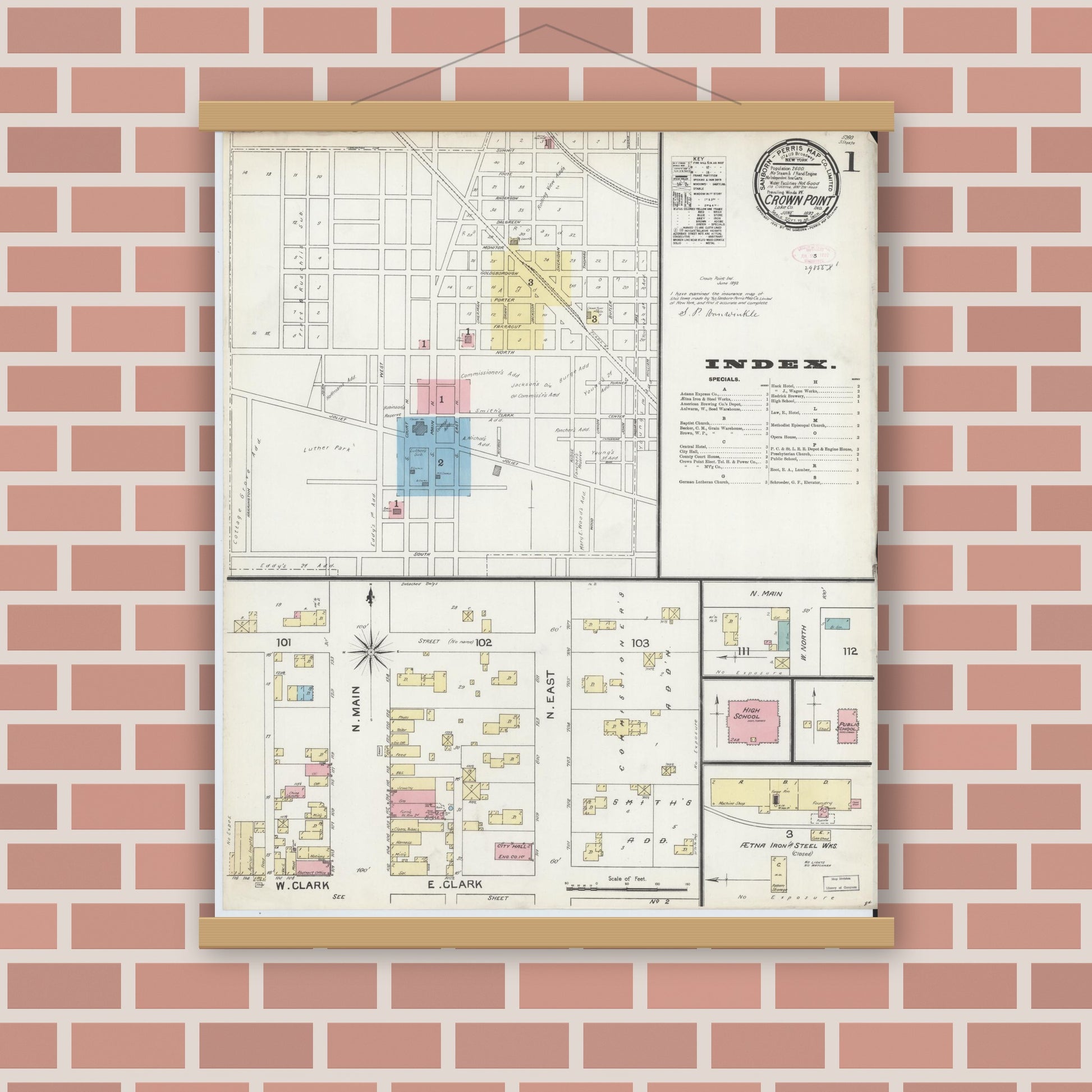 Old map wall art mockup — magnetic wood frame on brick wall — Sanborn Fire Insurance Map from Crown Point, Lake County, Indiana (1892) - Complete Map Set