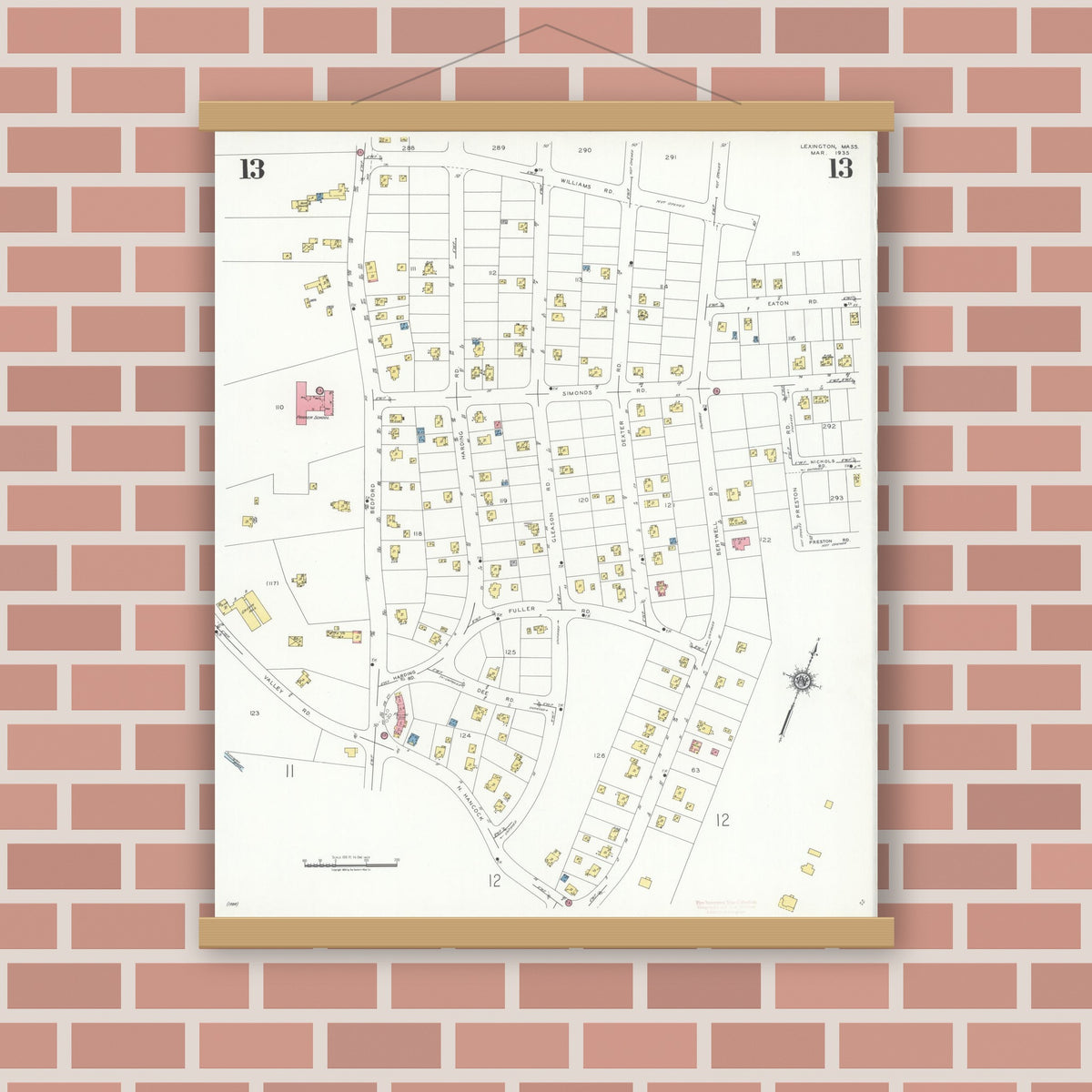 Old map wall art mockup — magnetic wood frame on brick wall — Sanborn Fire Insurance Map from Lexington, Middlesex County, Massachusetts (1935), Sheet #0013