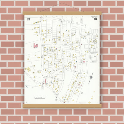 Old map wall art mockup — magnetic wood frame on brick wall — Sanborn Fire Insurance Map from Lexington, Middlesex County, Massachusetts (1935), Sheet #0013