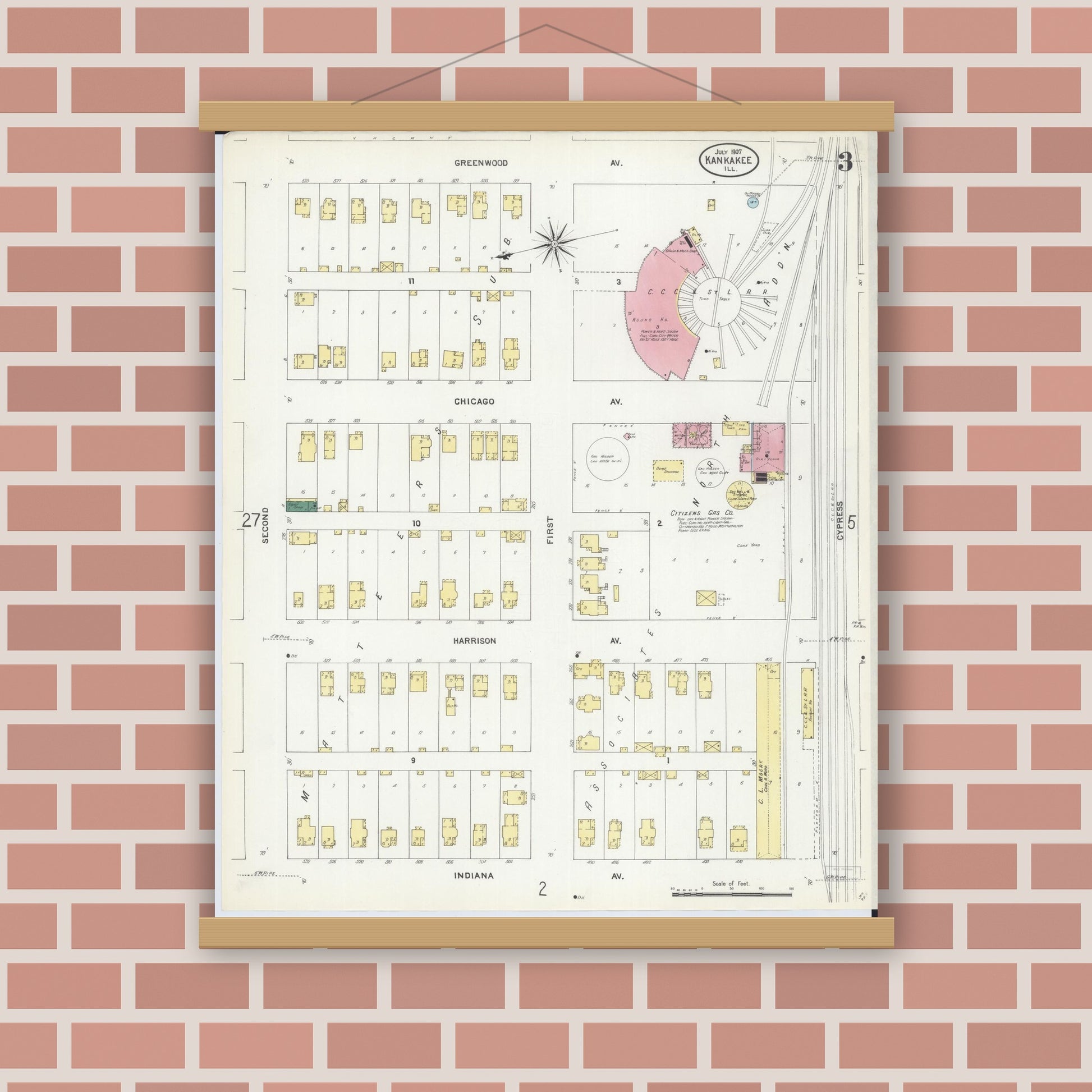 Old map wall art mockup — magnetic wood frame on brick wall — Sanborn Fire Insurance Map from Kankakee, Kankakee County, Illinois (1907), Sheet #0003