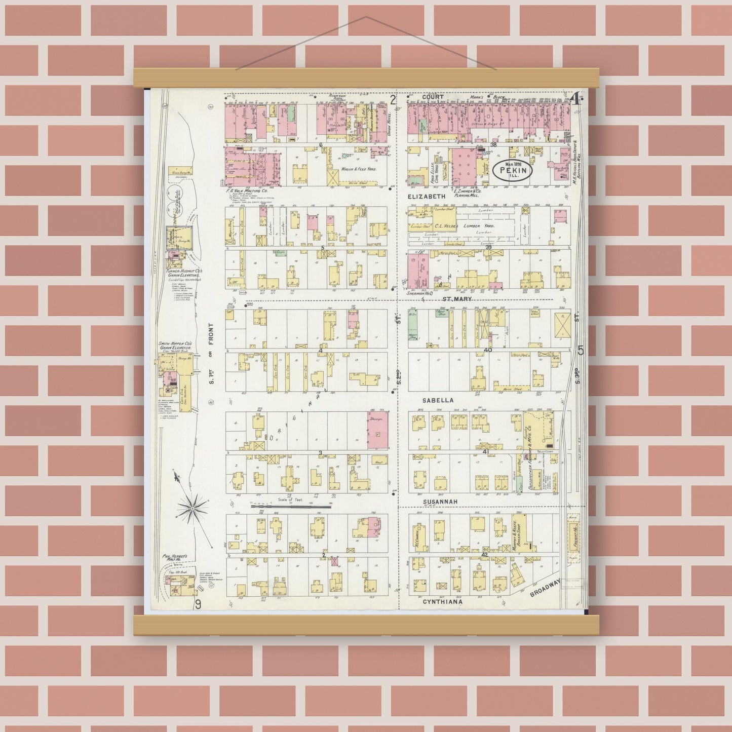 Old map wall art mockup — magnetic wood frame on brick wall — Sanborn Fire Insurance Map from Pekin, Tazewell County, Illinois (1898), Sheet #0004