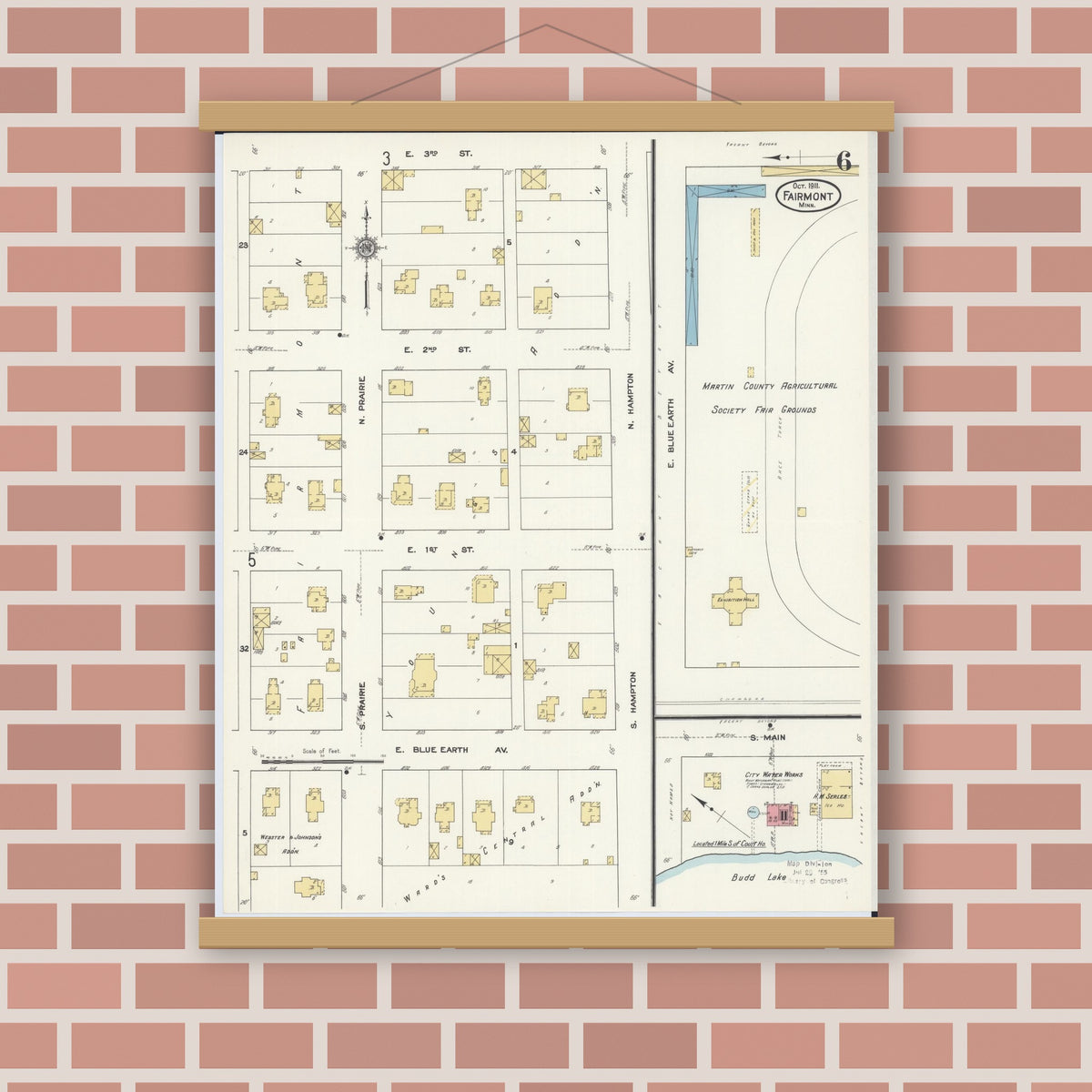 Old map wall art mockup — magnetic wood frame on brick wall — Sanborn Fire Insurance Map from Fairmont, Martin County, Minnesota (1911), Sheet #0006