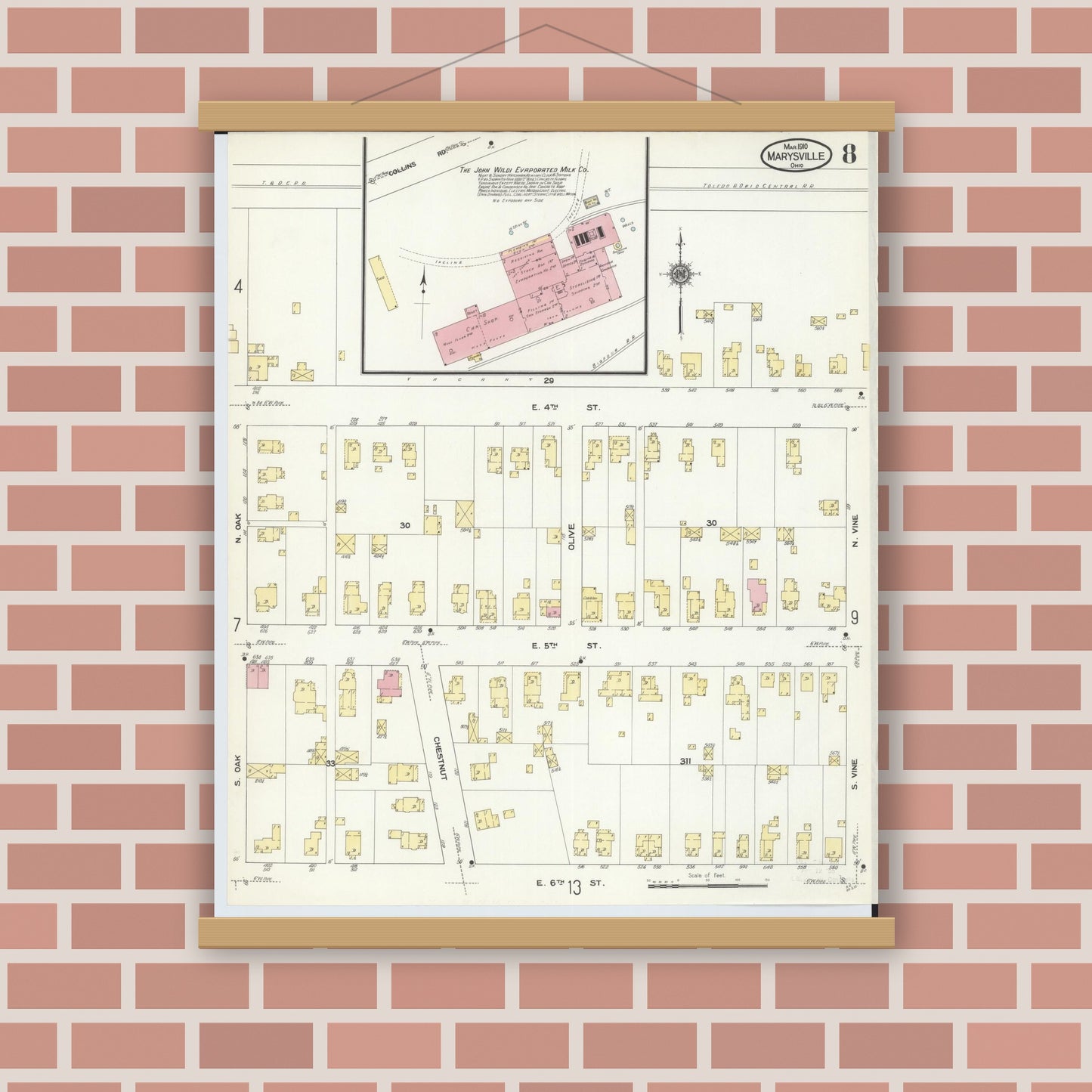 Old map wall art mockup — magnetic wood frame on brick wall — Sanborn Fire Insurance Map from Marysville, Union County, Ohio (1910), Sheet #0008