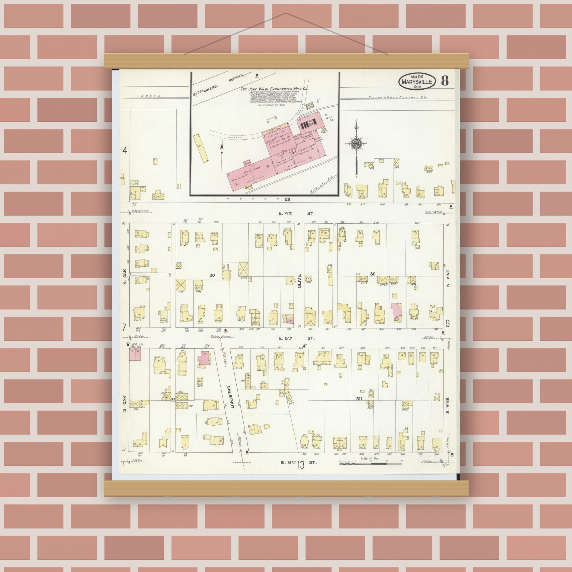 Old map wall art mockup — magnetic wood frame on brick wall — Sanborn Fire Insurance Map from Marysville, Union County, Ohio (1910), Sheet #0008