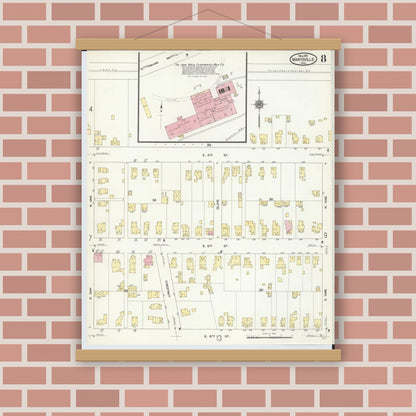 Old map wall art mockup — magnetic wood frame on brick wall — Sanborn Fire Insurance Map from Marysville, Union County, Ohio (1910), Sheet #0008