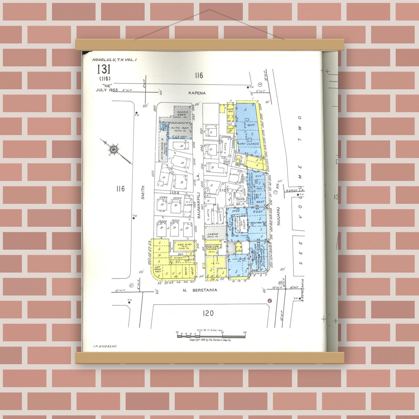 Old map wall art mockup — magnetic wood frame on brick wall — Sanborn Fire Insurance Map from Honolulu, Oahu County, Hawaii (1955), Sheet #0131