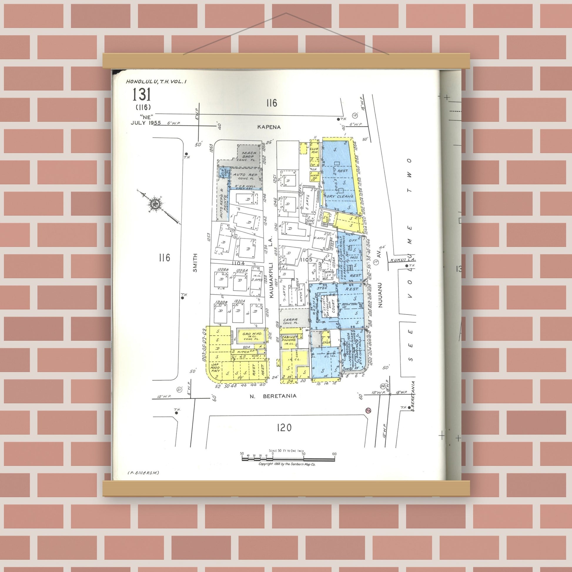 Old map wall art mockup — magnetic wood frame on brick wall — Sanborn Fire Insurance Map from Honolulu, Oahu County, Hawaii (1955), Sheet #0131