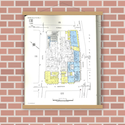 Old map wall art mockup — magnetic wood frame on brick wall — Sanborn Fire Insurance Map from Honolulu, Oahu County, Hawaii (1955), Sheet #0131