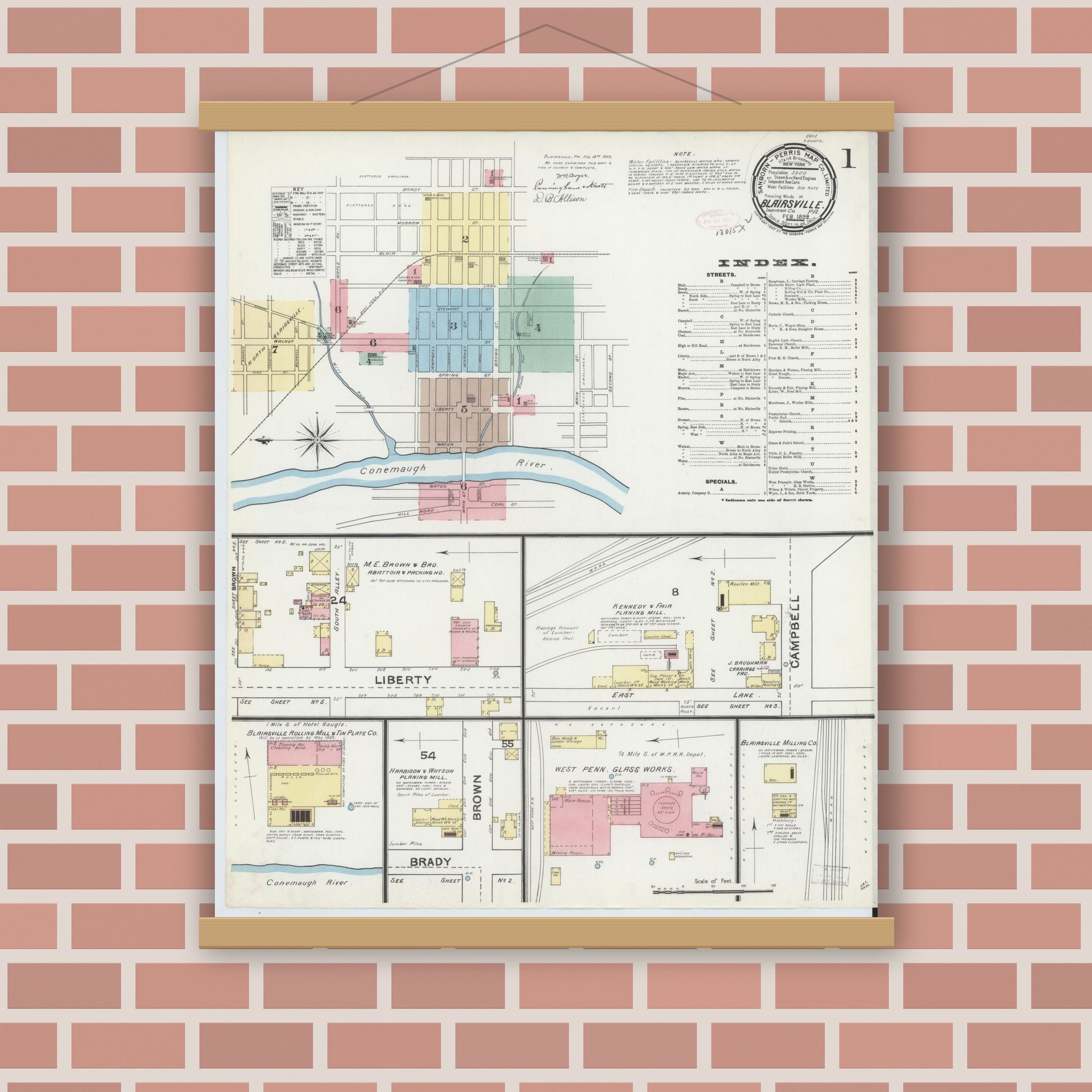 Old map wall art mockup — magnetic wood frame on brick wall — Sanborn Fire Insurance Map from Blairsville, Indiana County, Pennsylvania (1892), Sheet #0001