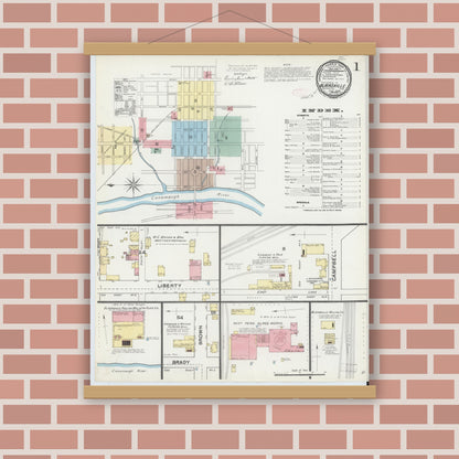 Old map wall art mockup — magnetic wood frame on brick wall — Sanborn Fire Insurance Map from Blairsville, Indiana County, Pennsylvania (1892), Sheet #0001