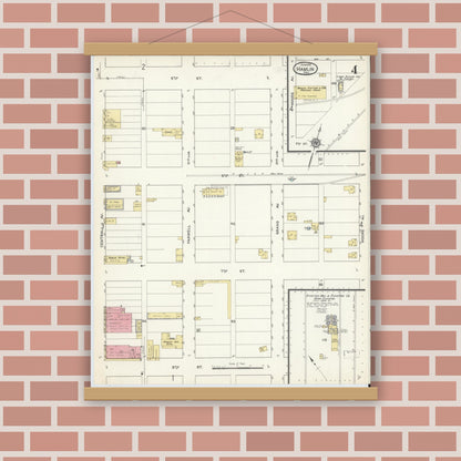 Old map wall art mockup — magnetic wood frame on brick wall — Sanborn Fire Insurance Map from Hamlin, Jones County, Texas (1913), Sheet #0004