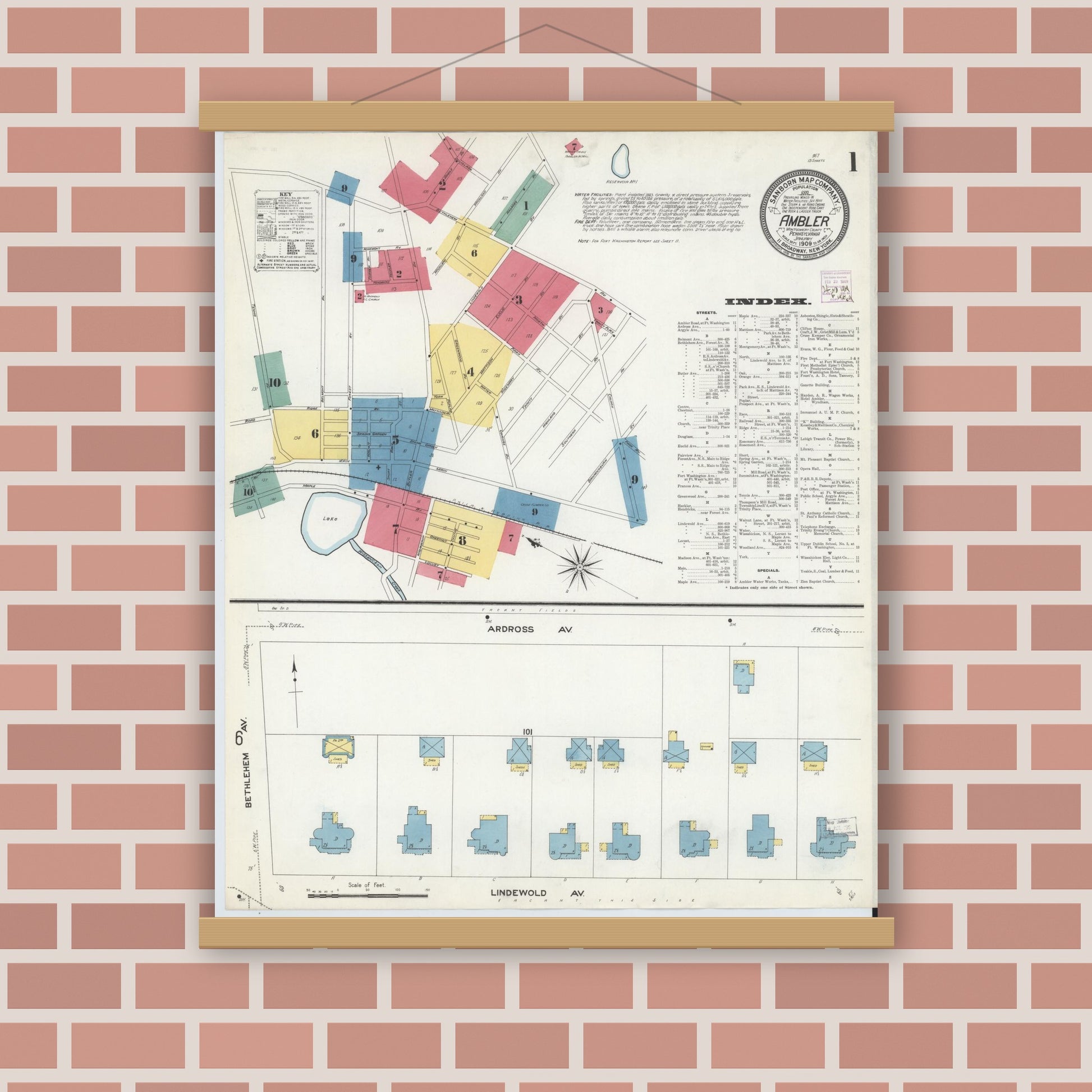 Old map wall art mockup — magnetic wood frame on brick wall — Sanborn Fire Insurance Map from Ambler, Montgomery County, Pennsylvania (1909) - Complete Map Set