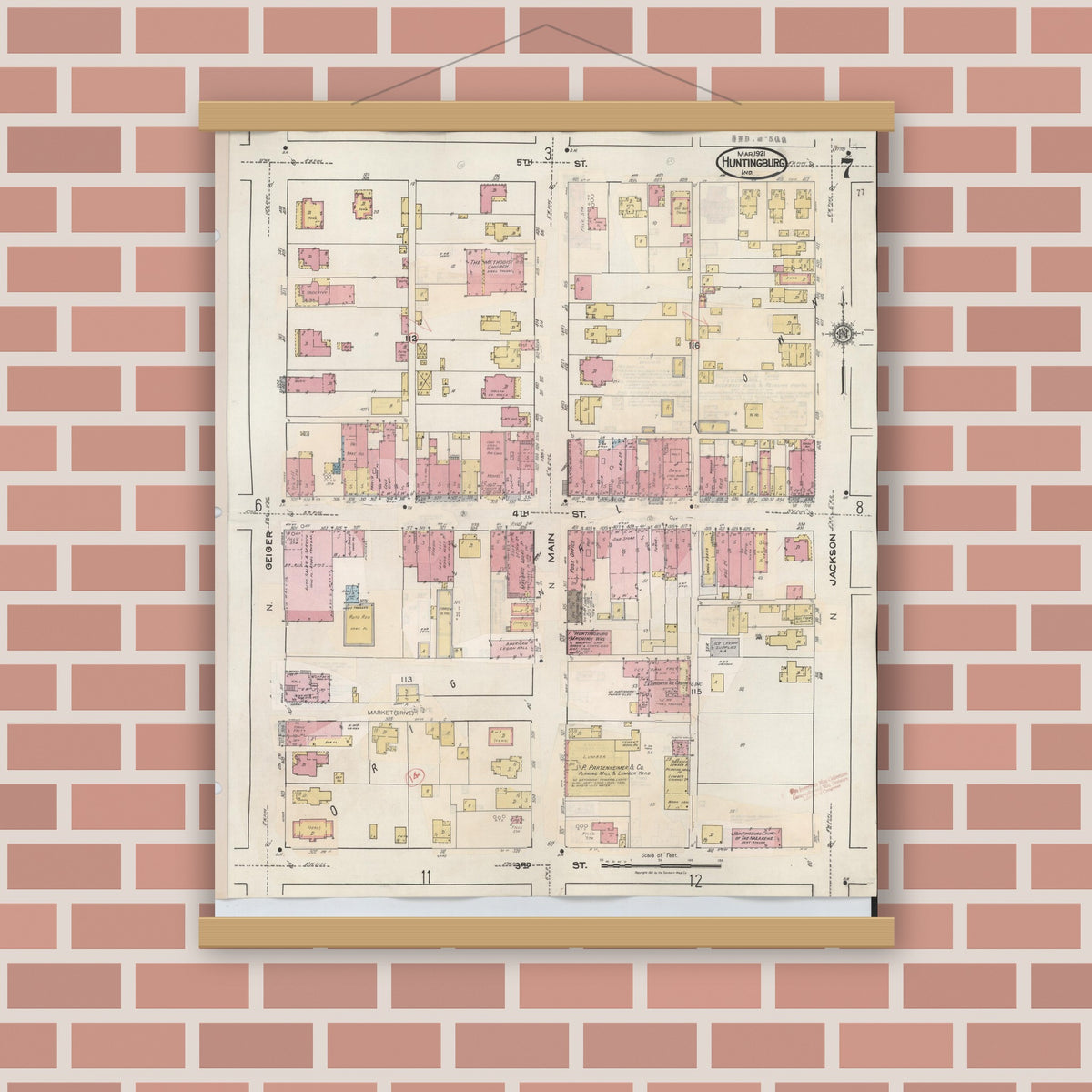 Old map wall art mockup — magnetic wood frame on brick wall — Sanborn Fire Insurance Map from Huntingburg, Dubois County, Indiana (1949), Sheet #0007